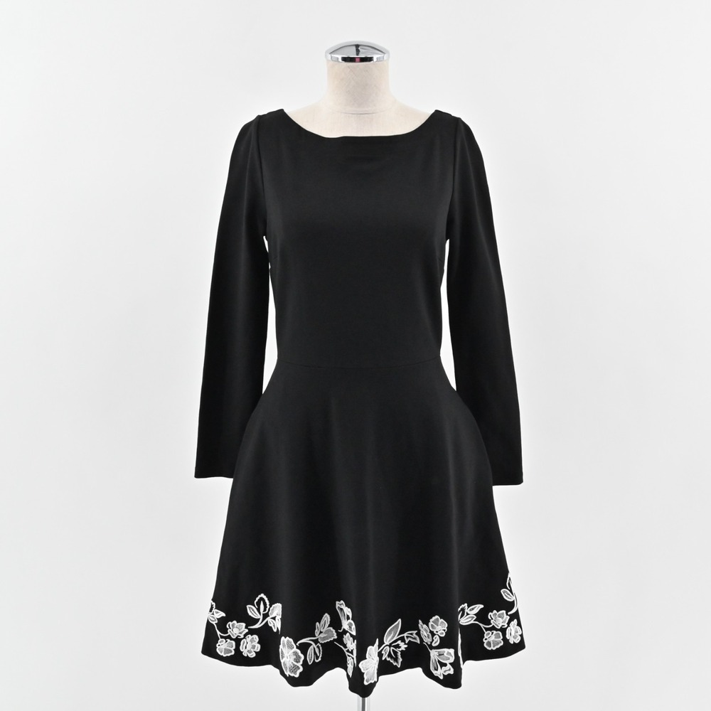 KATE SPADE Embroidered Ponte Fit Flare Dress Size‎ 4 Black White Floral Party
